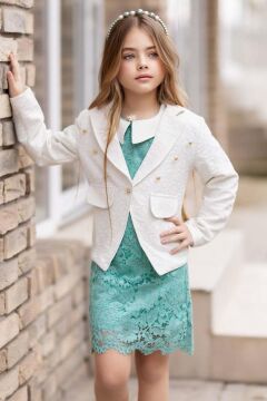 Kız Çocuk Sahte Cepli Blazer Ceket Dantelli Çiçek Işlemeli Bebe Yakalı Yeşil Elbise