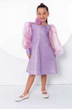 Kız Çocuk Çiçekli Boyunluk Hediyeli Şeffaf Karpuz Kollu Üzeri Simli Lila Elbise