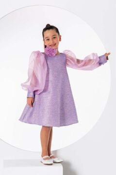 Kız Çocuk Çiçekli Boyunluk Hediyeli Şeffaf Karpuz Kollu Üzeri Simli Lila Elbise