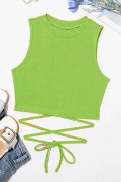 Kız Çocuk Sıfır Kol İp Bağlama Detaylı Somon Yeşil Crop