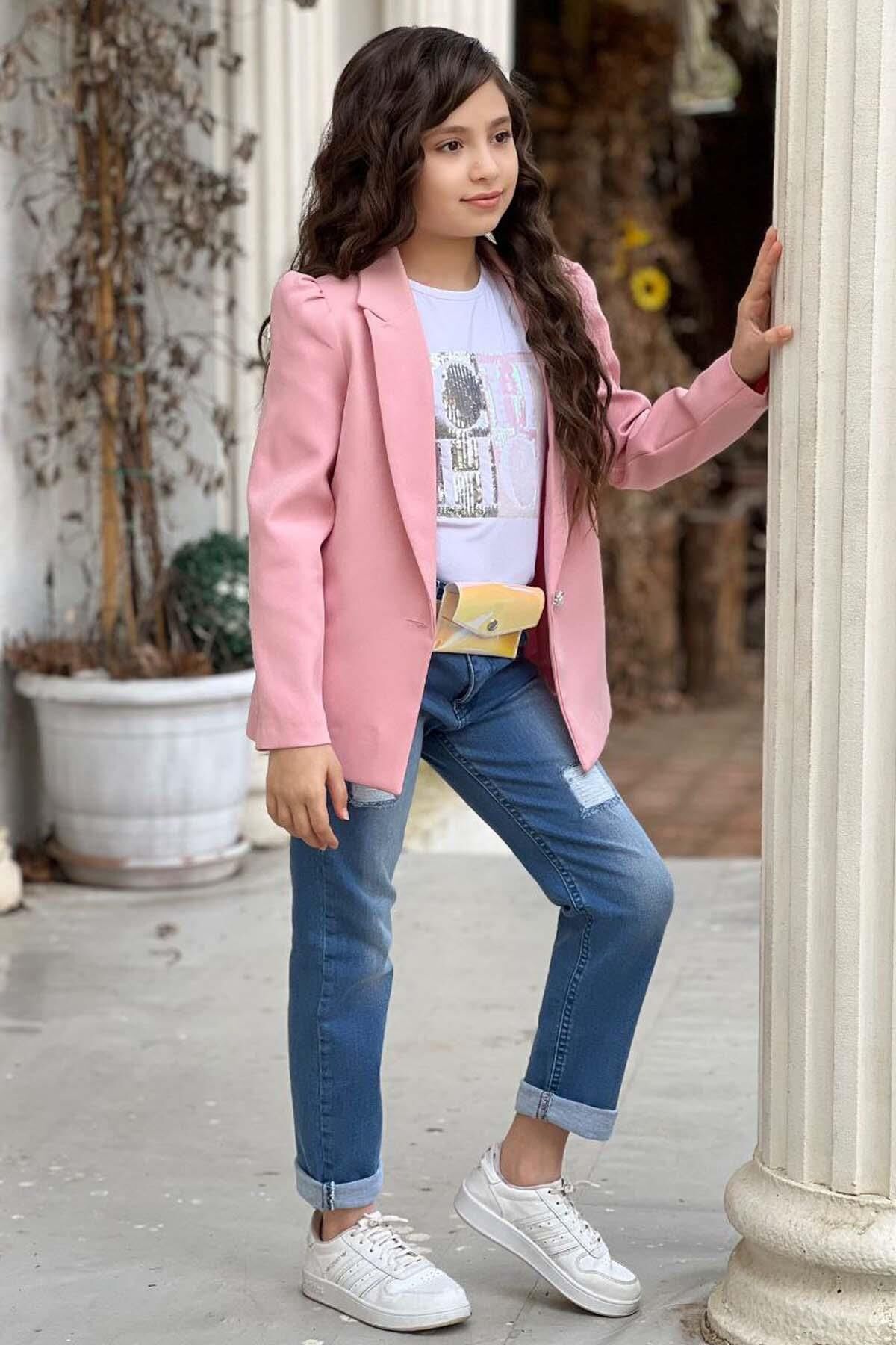 Kız Çocuk Üzeri Harf Pulpayet Tişört ve Jean Pudra Blazer Ceket Alt Üst Takım