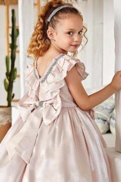 Kız Çocuk Göğsü Taş İşlemeli ve Fırfır Detaylı Krem Abiye