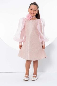 Kız Çocuk Çiçekli Boyunluk Hediyeli Şeffaf Karpuz Kollu Üzeri Simli Pembe  Elbise