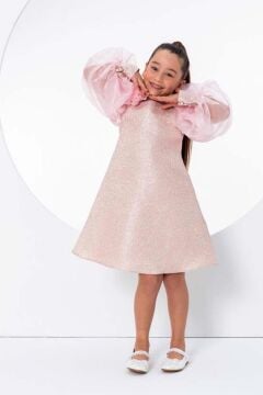 Kız Çocuk Çiçekli Boyunluk Hediyeli Şeffaf Karpuz Kollu Üzeri Simli Pembe  Elbise