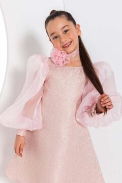 Kız Çocuk Çiçekli Boyunluk Hediyeli Şeffaf Karpuz Kollu Üzeri Simli Pembe  Elbise