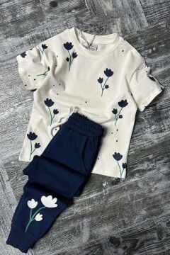 Kız Çocuk Lale Baskılı Kısa Kollu Lacivert Eşofman Takım