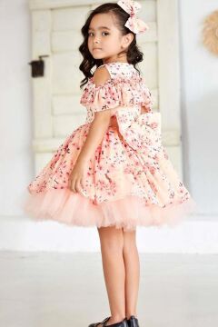 Kız Çocuk Omzu Açık Göğsü Fırfırlı Çiçek Detaylı Somon Abiye