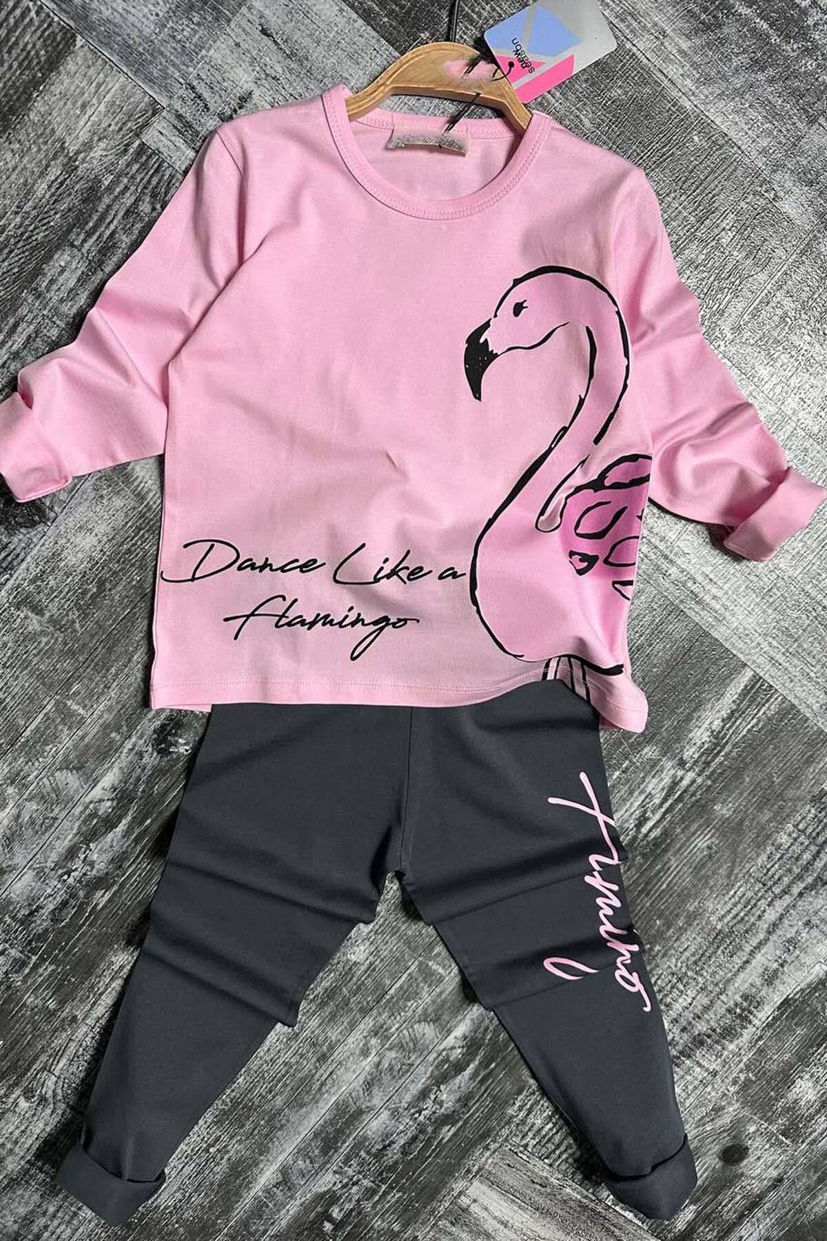 Kız Çocuk Flamingo Baskı ve Yazı Detaylı Pembe Taytlı Takım