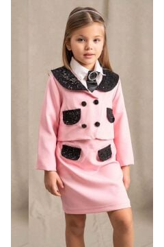 Kız Çocuk New Güpür İşlemeli Cep Detaylı ve Broşlu Pembe Etekli Takım