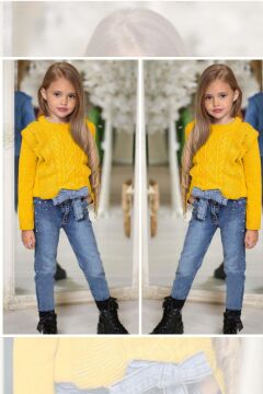 Kız Çocuk Fırfır ve Saç Örgü Detaylı Triko Bluz ve Jeans Pantolon Sarı ALt Üst takım