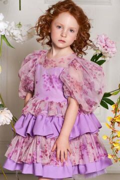 Kız Çocuk Çiçek Detaylı Katkat Fırfırlı Mor Abiye