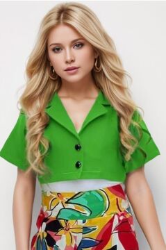 Kız Çocuk Kısa Kollu Blazer Ceketli Yaprak Desenli Yeşil Alt Üst Takım 4-14 Yaş