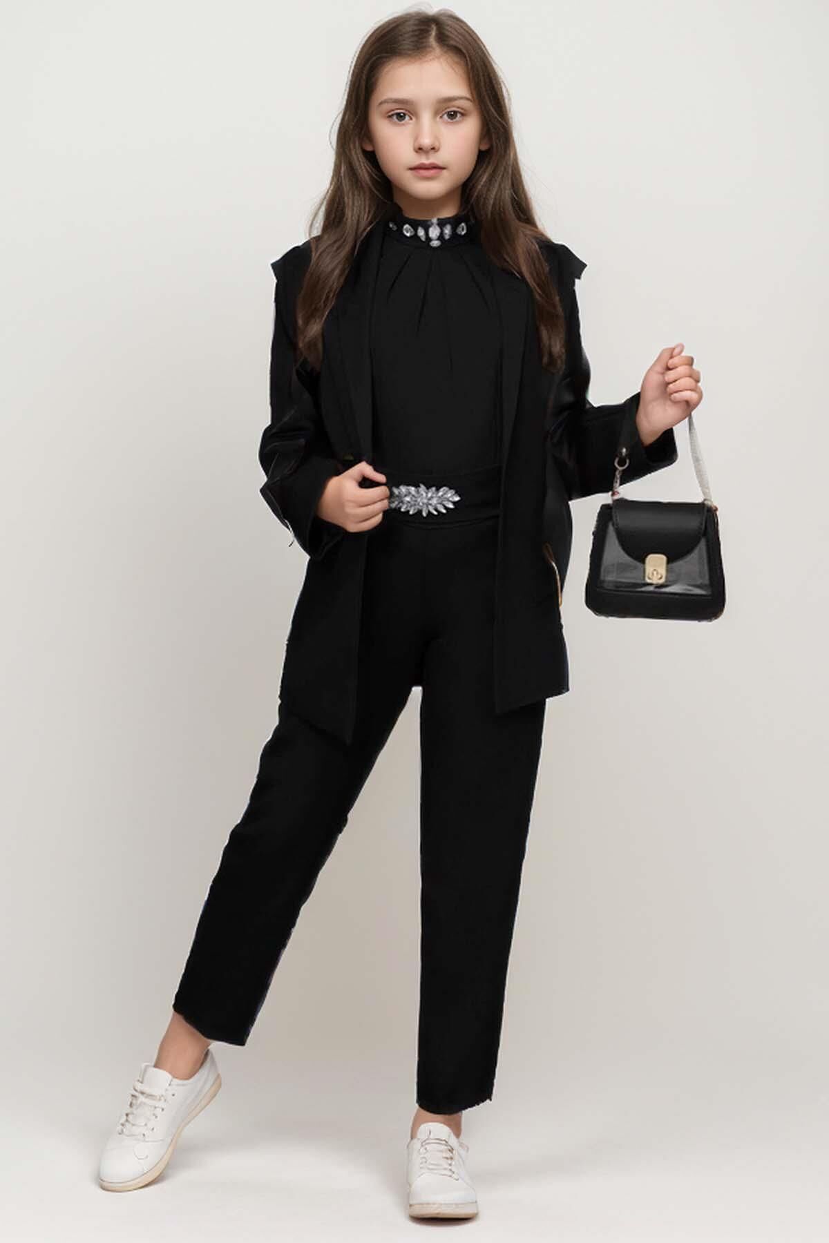 Kız Çocuk Yakası Taş İşlemeli Kolsuz Bluz Kemerli Blazer Ceket Pantolon Black Alt Üst Takım