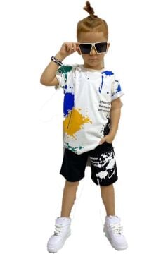 Erkek Çocuk Fırça Boya Desenli Cepli Siyah Şortlu Takım
