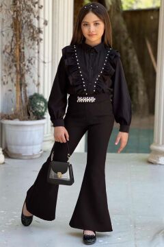 Kız Çocuk Omuzdan Taş ve Fırfırlı Gömlek Beli Taş İşlemeli İspanyol Paça Black Alt Üst Takım