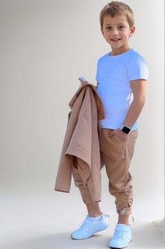 Erkek Çocuk Bisiklet Yaka Bluz ve Gümüş Düğme Detaylı Kahverengi Ceket Alt Üst Takım