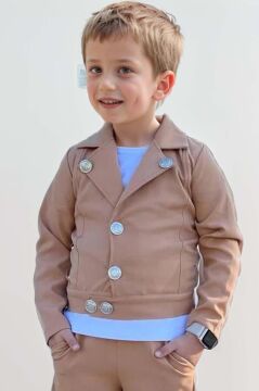 Erkek Çocuk Bisiklet Yaka Bluz ve Gümüş Düğme Detaylı Kahverengi Ceket Alt Üst Takım