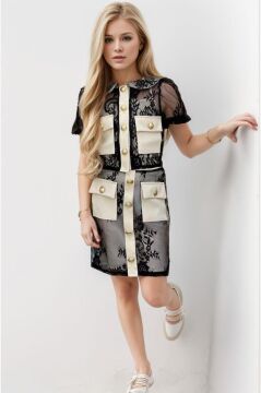 Kız Çocuk Transparan Dantel İşlemeli İçi Astarlı Cep Detaylı Krem Etekli Takım