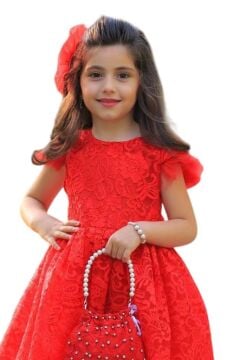 Kız Çocuk Üzeri Boydan Dantel Güpür İşlemeli Şeffaf Tüllü Sıfır Kol Kırmızı Elbise