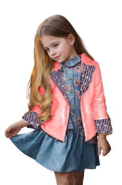 Kız Çocuk Yakası ve Bilekleri Pulpayet İşlemeli Çift Düğmeli Pudra Blazer Ceket