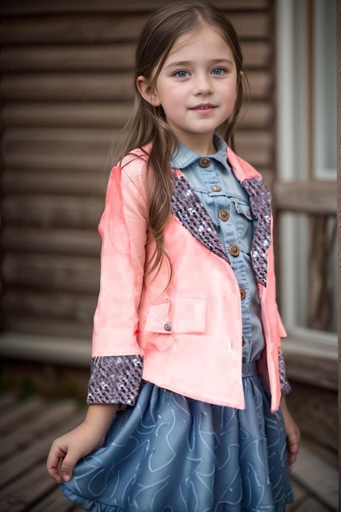 Kız Çocuk Yakası ve Bilekleri Pulpayet İşlemeli Çift Düğmeli Pudra Blazer Ceket