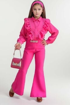 Kız Çocuk Omuzdan Taş ve Fırfırlı Gömlek Beli Taş İşlemeli İspanyol Paça Fuchsia Alt Üst Takım