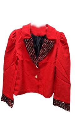 Kız Çocuk Yakası ve Bilekleri Pulpayet İşlemeli Çift Düğmeli Kırmızı Blazer Ceket