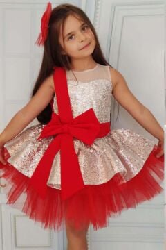 Kız Çocuk Önü ve Arkası Fiyonk Detaylı Üstü Pulpayet İşlemeli Etek Ucu Tüllü Gümüş Abiye