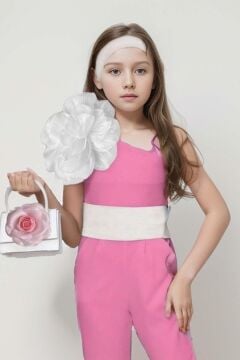 Kız Çocuk Tek Omuz Gül Detaylı Beli Kemerli Pembe Tulum
