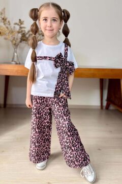 Kız Çocuk Leopar Desenli Fiyonk T-shirt Bol Kesim Leoparlı Keten Alt Üst Takım