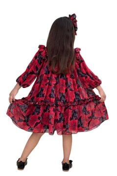 Kız Çocuk Yakası ve Omuzları Fırfır Detaylı Çiçek İşlemeli Pliseli Kırmızı Elbise