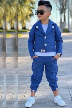 Erkek Çocuk Bisiklet Yaka Bluz ve Gümüş Düğme Detaylı Lacivert Ceket Alt Üst Takım