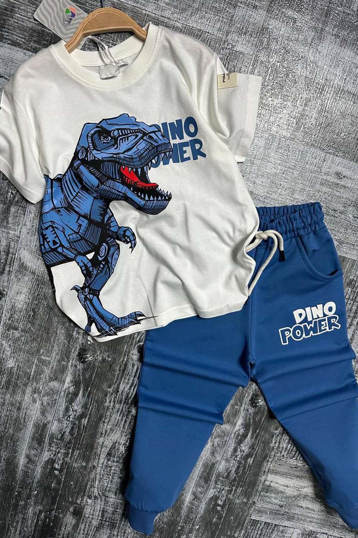 Erkek Çocuk Dinazor Digital Baskı Ve Yazı Detaylı T-Shirt Mavi Eşofman Takım