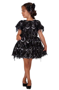 Kız Çocuk Üzeri Pulpayet İşlemeli Püsküllü Parlak Siyah Elbise