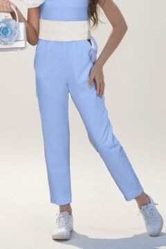 Kız Çocuk Tek Omuz Gül Detaylı Beli Kemerli Gök Mavi Tulum