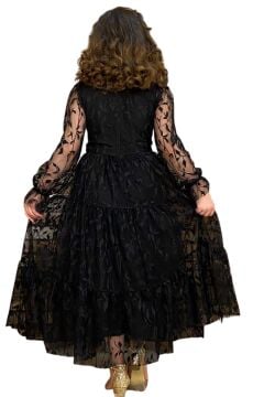 Kız Çocuk Kolları ve Yakası Şeffaf Tüllü ve Yaprak Detaylı Siyah Elbise