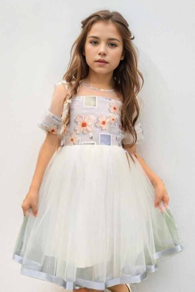 Kız Çocuk Etek Ucu Şerit Detaylı Tüllü Papatya Desenli Gri Elbise