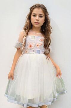 Kız Çocuk Etek Ucu Şerit Detaylı Tüllü Papatya Desenli Gri Elbise