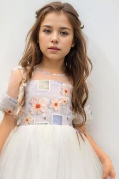 Kız Çocuk Etek Ucu Şerit Detaylı Tüllü Papatya Desenli Gri Elbise