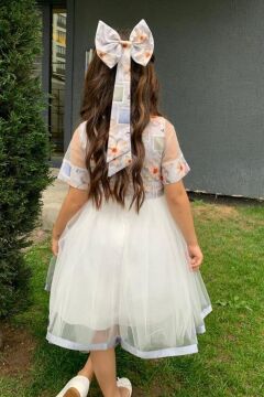 Kız Çocuk Etek Ucu Şerit Detaylı Tüllü Papatya Desenli Gri Elbise