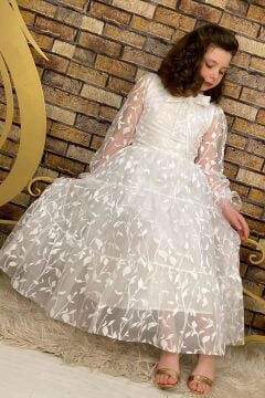 Kız Çocuk Kolları ve Yakası Şeffaf Tüllü ve Yaprak Detaylı Beyaz Elbise