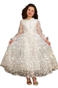Kız Çocuk Kolları ve Yakası Şeffaf Tüllü ve Yaprak Detaylı Beyaz Elbise