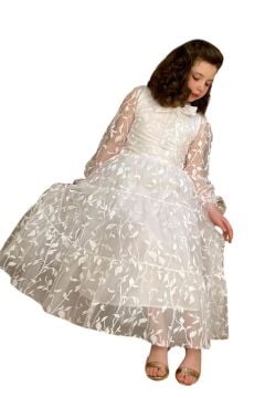 Kız Çocuk Kolları ve Yakası Şeffaf Tüllü ve Yaprak Detaylı Beyaz Elbise