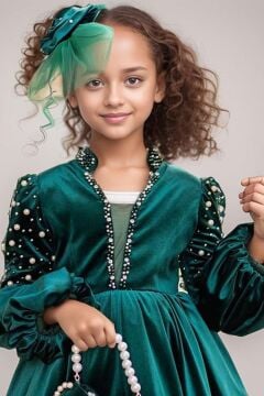 Kız Çocuk Yakadan Göğse ve Omuzları İnci İşlemeli Balon Kollu Yeşil Kadife Abiye