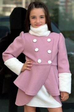 Kız Çocuk Kol Uçları Peluş Detaylı Lady Pudra Kaşe Kabanlı Takım
