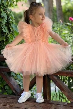 Kız Çocuk Omuzları Tüllü Üzeri Boydan Simli Kolsuz Somon Abiye