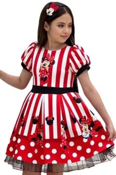 Kız Çocuk Üzeri Mc Maymun Baskılı Şerit Ve Çizgi Detaylı Kırmızı Elbise