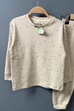 Kız Çocuk Üzeri Papatya Desenli Fitilli Krem Pijama Takımı