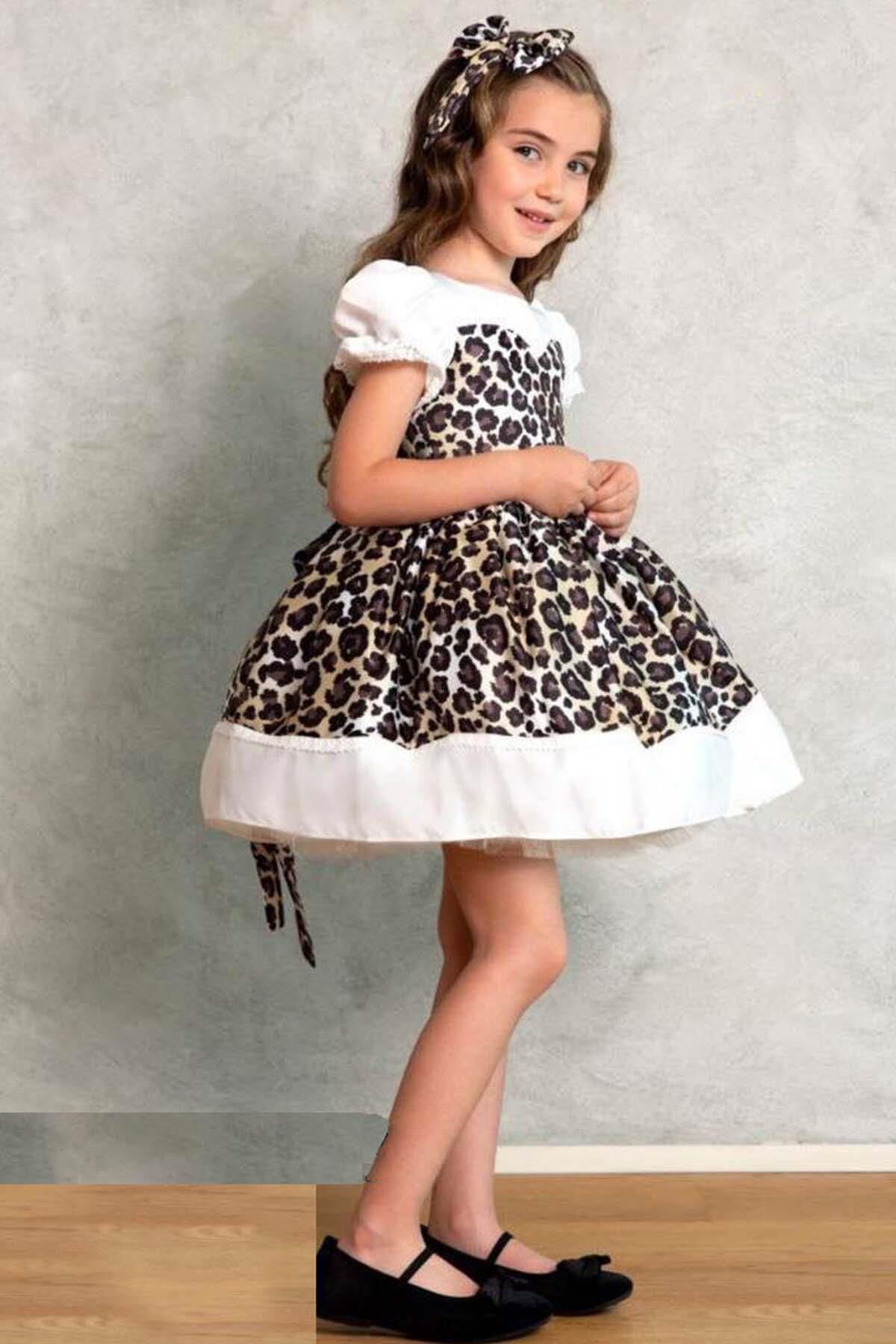 Kız Çocuk Karpuz Kollu Etek Ucu Şerit Üzeri Leopar Desenli Abiye