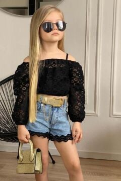 Kız Çocuk Kare Yaka Askılı Atlet Şeffaf Tüllü Düşük Omuzlu Bluz Dantel İşlemeli Jean Şortlu Takım